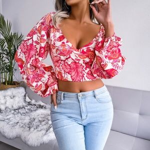 Botanical Balloon Sleeve Cropped Top - Red/Pink